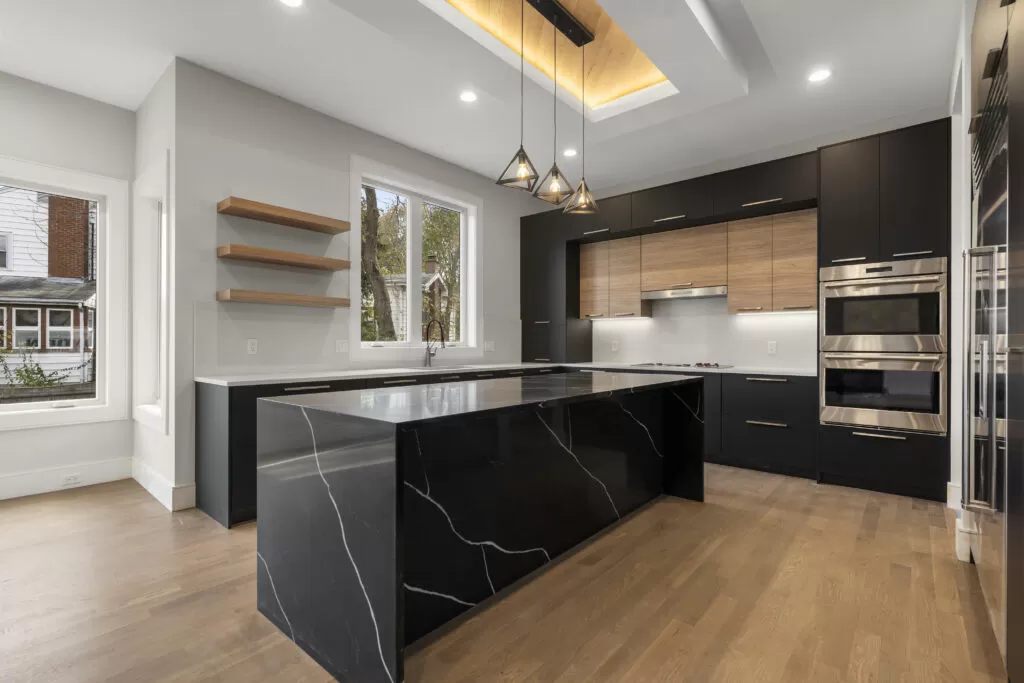 black countertop and wood floors