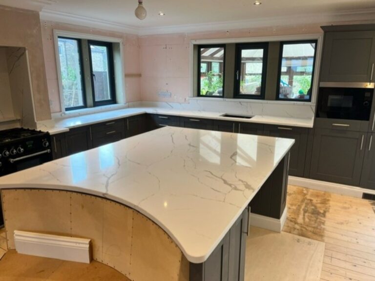 Calacatta Venato Island with a curved end for seating installed in Skipton Yorkshire