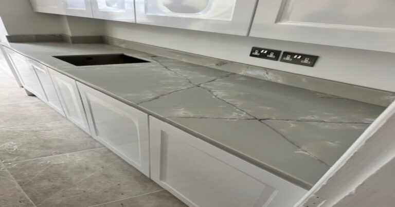 Ice White quartz worktops with matching upstands installed in Bolton Westhoughton